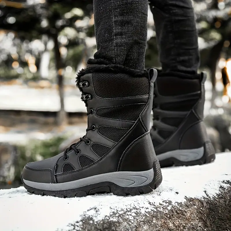 Men's Mid Calf Snow Boots, Winter Thermal Shoes, Windproof Hiking Boots With Fuzzy Lining