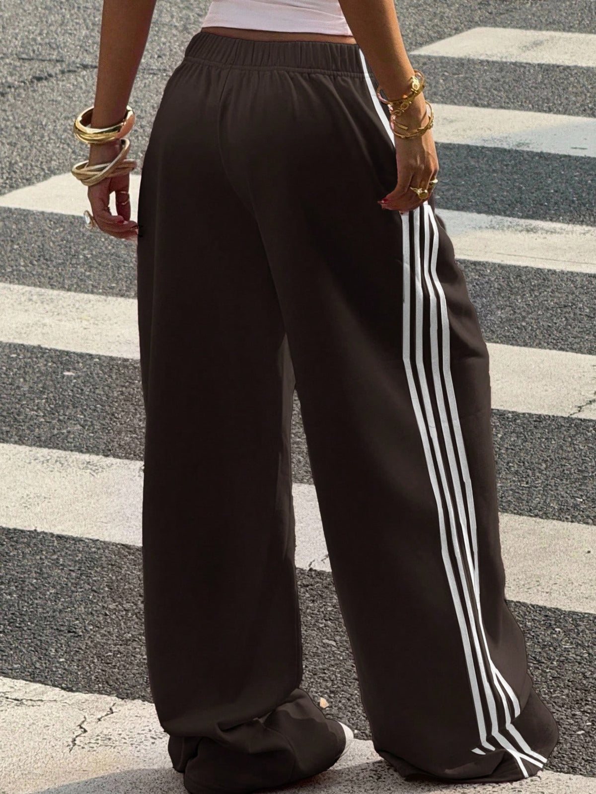 Muchica Women's Chocolate Brown Casual Wide Leg Sweatpants With Side Stripe Detail And Extra Long Knitted Fabric
