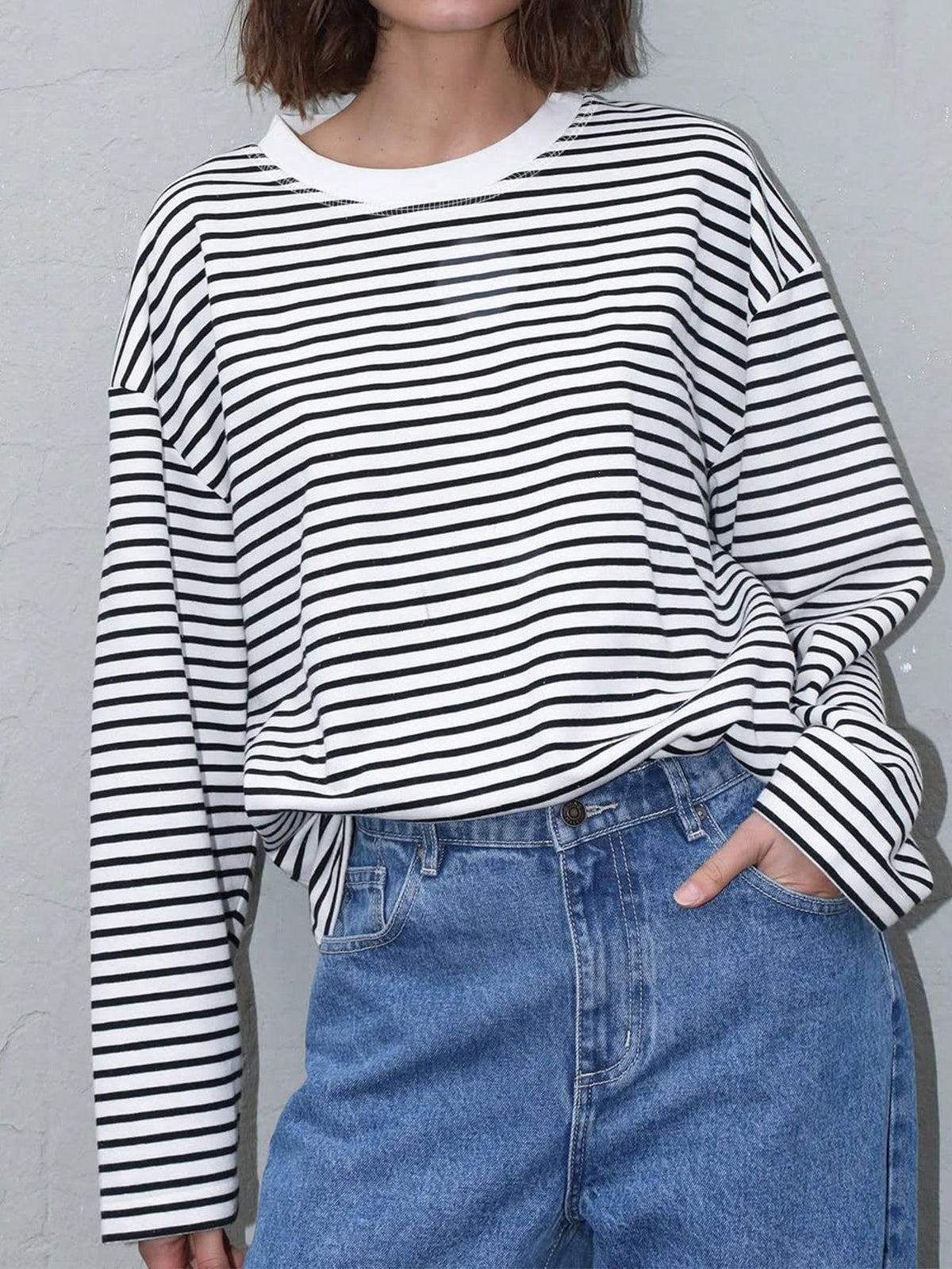 Women's Casual Top, Striped Contrast Ribbed Knit, Everyday Wear, Spring/Autumn