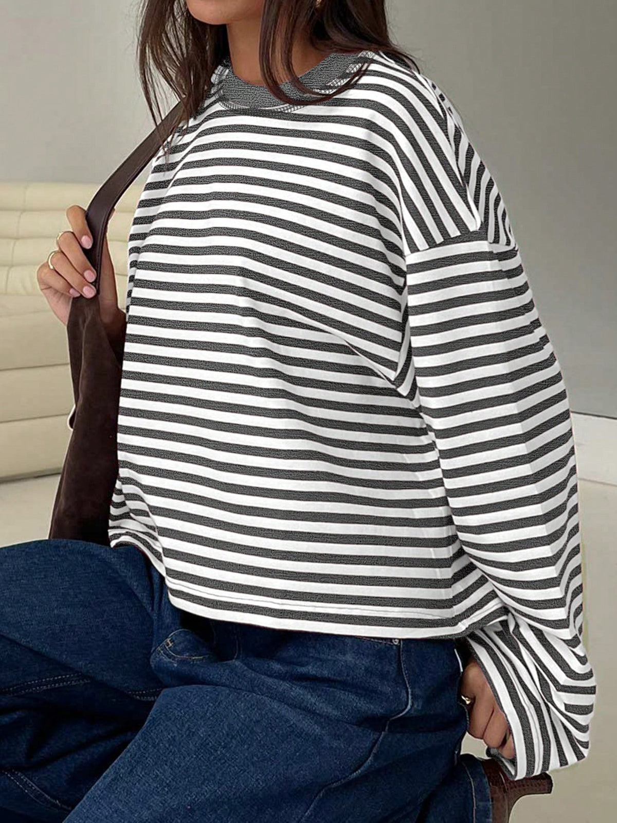 Women's Casual Top, Striped Contrast Ribbed Knit, Everyday Wear, Spring/Autumn