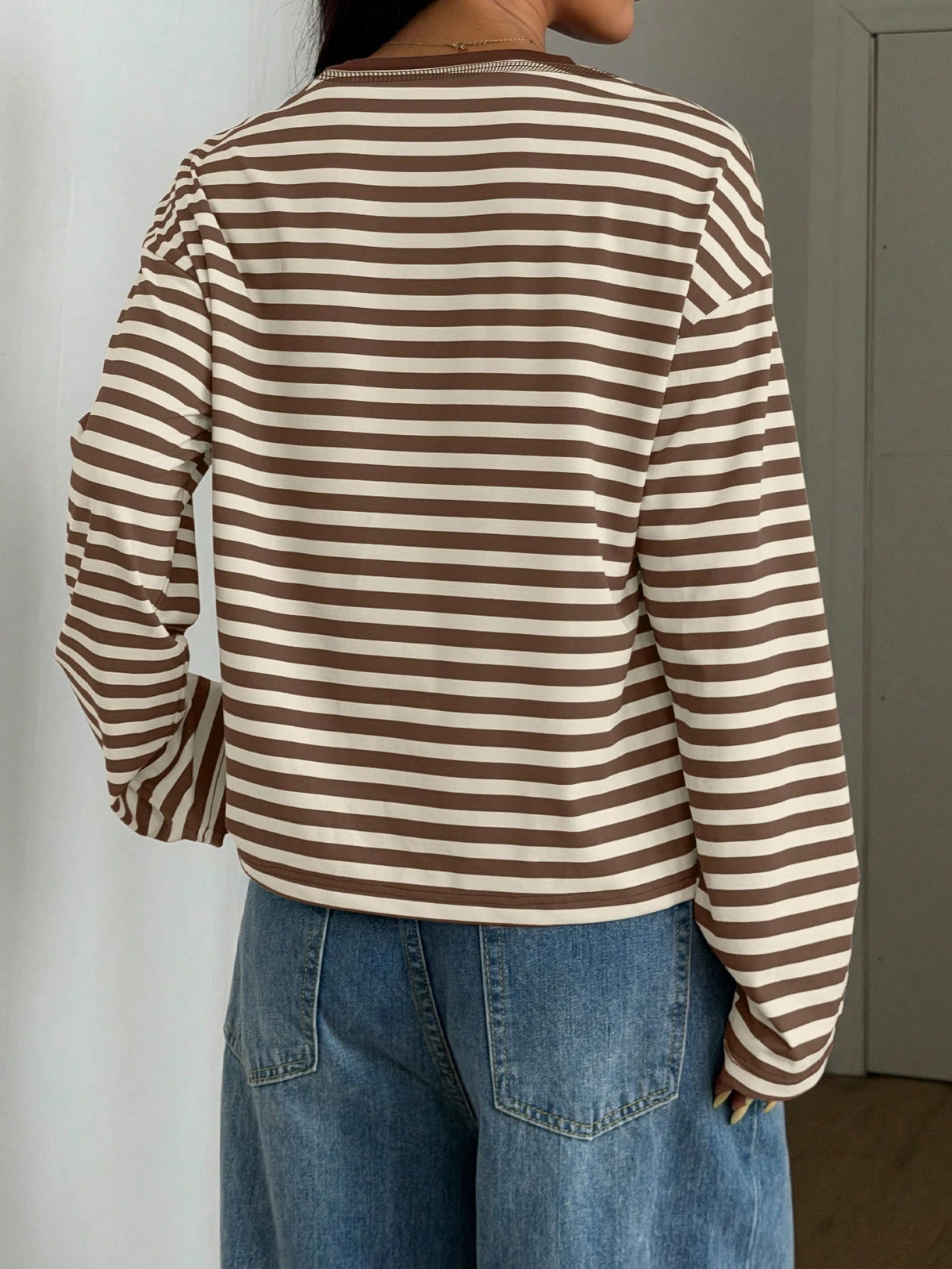 Women's Casual Top, Striped Contrast Ribbed Knit, Everyday Wear, Spring/Autumn