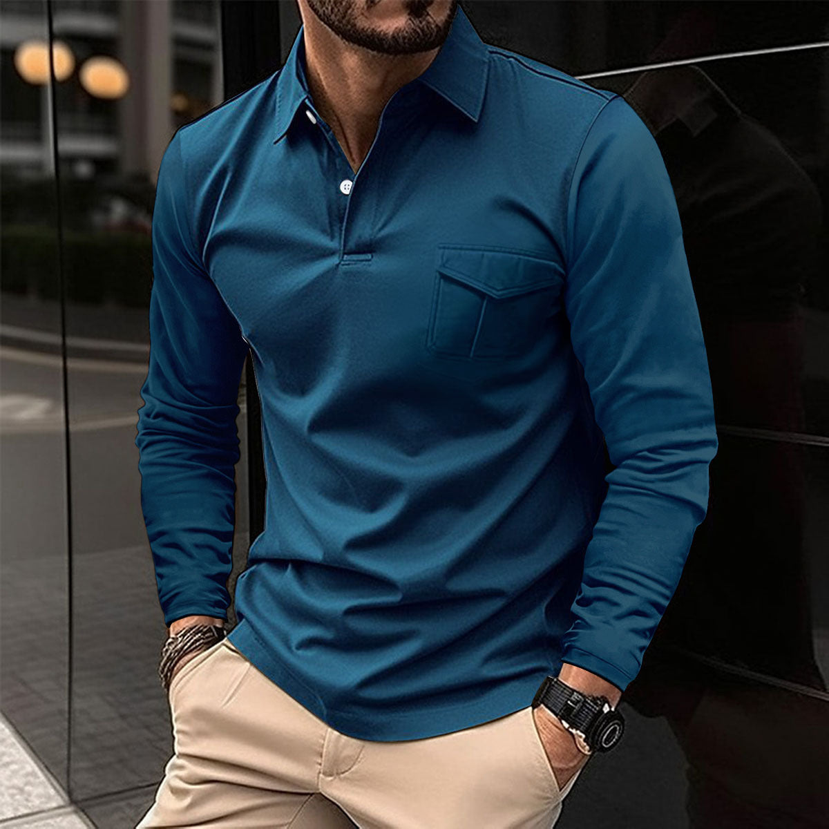 Men's Casual Lapel Polo Long Sleeve Shirt